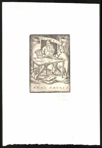 Exlibris von Richard Klein, Karl Andres, Mann liest am Tisch sitzend mit seiner Lupe ein Blatt