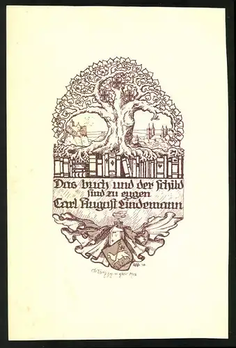 Exlibris Carl August Lindemann, Baum mit Wappenschildern, Wappen mit Schaf
