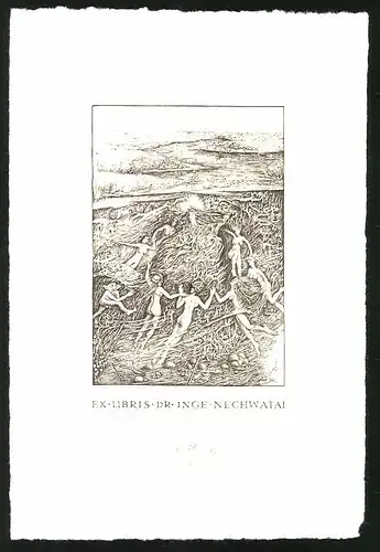 Exlibris Dr. Inge Nechwatal, Gaia Mutter der Erde umgeben von nackten Frauen im Wasser, Kobold