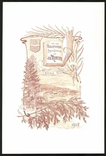 Exlibris J. B. Mercier, de la Bibliotheque Franc-Comtoise, Wappen, Blick auf einen Ort