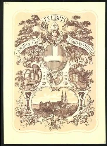 Exlibris Canoniae Claustroneoburg, Klosterneuburg, Wappen, Globus, Engel