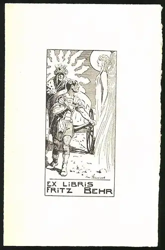 Exlibris Fritz Behr, Römer zieht einen Streitwaagen mit altem König an einem Engel vorbei