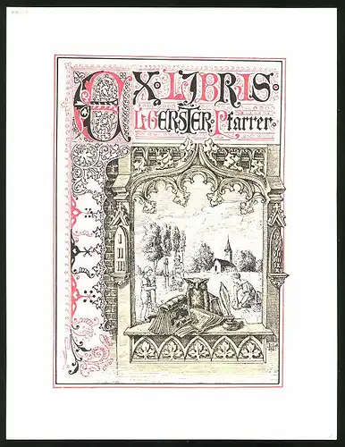 Exlibris Pfarrer Gester, Eule auf einem Tisch mit Büchern, Bauern bei der Aussaat