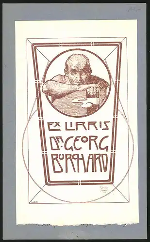 Exlibris Dr. Georg Burchard, Mann stützt sich auf eine Buch
