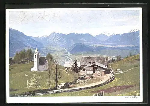 AK Mösern, Teilansicht mit Kirche und Blick ins Tal