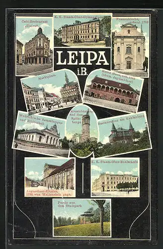 AK Leipa / Ceska Lipa, Restaurant am Kahlenberg, Cafe-Restaurant Union, Marktplatz
