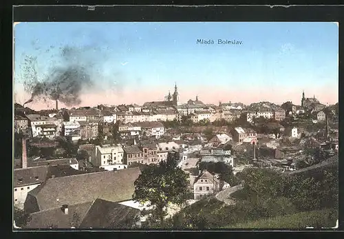 AK Jung Bunzlau / Mlada Boleslav, Blick auf Stadt mit Abendhimmel