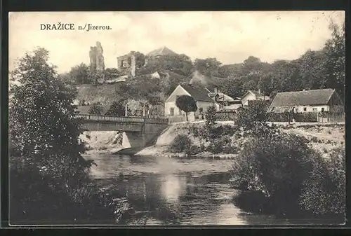 AK Drazice /Jizerou, Brücke über Fluss, Burgruine