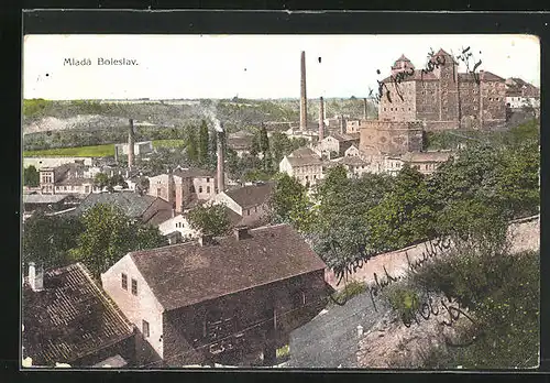 AK Jung Bunzlau / Mlada Boleslav, Ortsansicht mit Schornsteinen