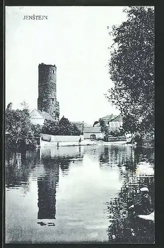 AK Jenstejn, See mit Ruine im Hintergrund