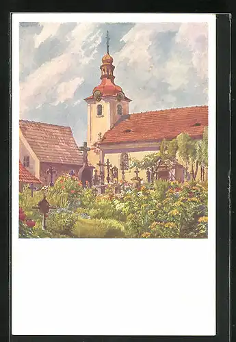 Künstler-AK Druschetz, Blick auf Kirche mit Garten