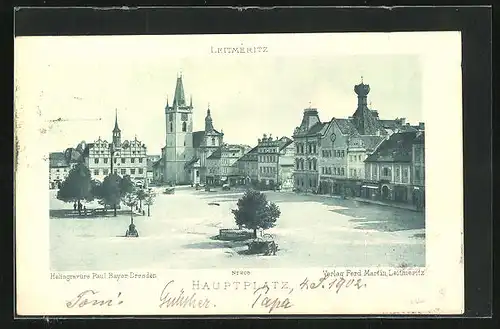 AK Leitmeritz / Litomerice, Marktplatz mit Kirche und Geschäften