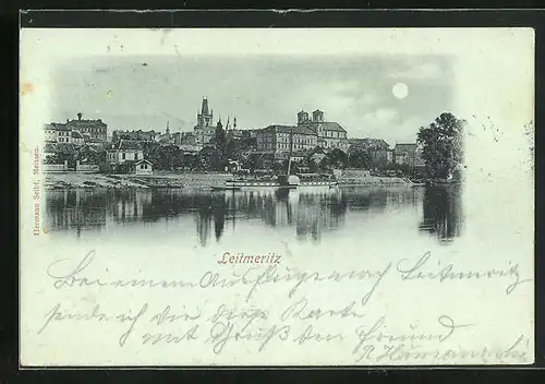 Mondschein-AK Leitmeritz / Litomerice, Flusspartie mit Dampfer Kaiser Wilhelm