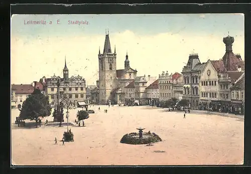 AK Leitmeritz / Litomerice, Stadtplatz mit Denkmal