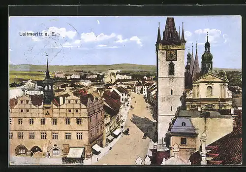 AK Leitmeritz / Litomerice, Strassenpartie an der Kirche