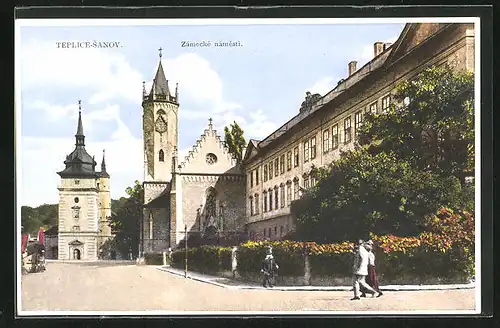 AK Teplitz Schönau / Teplice, Platz vor der Kirche, Zamecké námesti