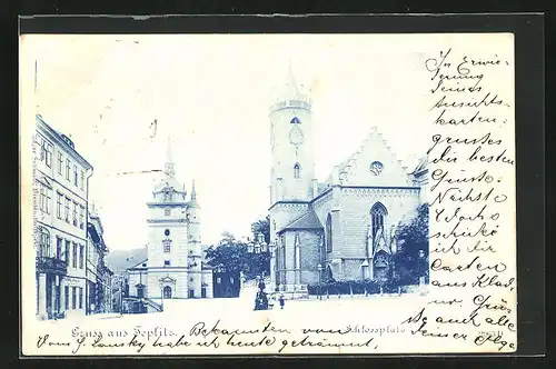 AK Teplitz Schönau / Teplice, Schlossplatz mit Kirche