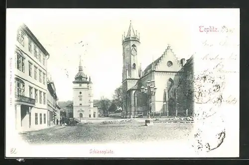 AK Teplitz Schönau / Teplice, Schlossplatz mit Kirche