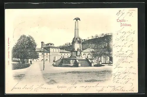 AK Teplitz Schönau / Teplice, Kurplatz mit Denkmal, Steinbad