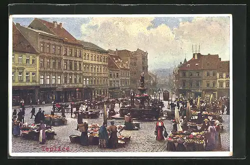 Künstler-AK Teplitz Schönau / Teplice, Marktplatz mit Ständen