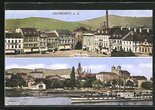 AK Leitmeritz / Litomerice, Blick auf Marktplatz, vorbeifahrender Dampfer