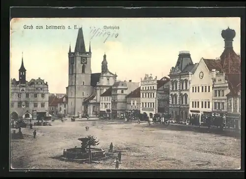 AK Leitmeritz / Litomerice, Marktplatz mit Kirche