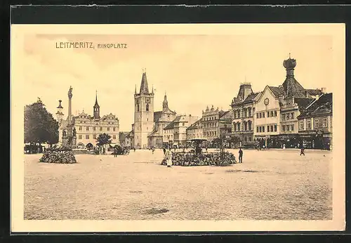 AK Leitmeritz / Litomerice, Kirche und Menschen am Ringplatz