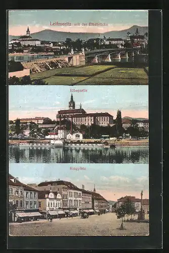 AK Leitmeritz / Litomerice, Ortsansicht mit Elbebrücke, Ringplatz