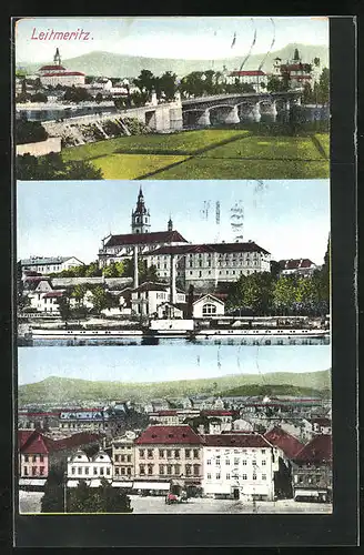 AK Leitmeritz / Litomerice, Blick auf Brücke, Blick auf Gebäude der Stadt