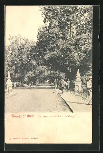 AK Theresienstadt / Terezin, Strasse zur kleinen Festung mit Spaziergängern
