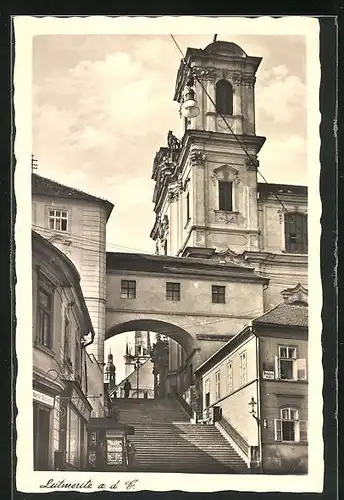 AK Leitmeritz / Litomerice, Jesuitenkirche mit Stiegenaufgang zum Marktplatz