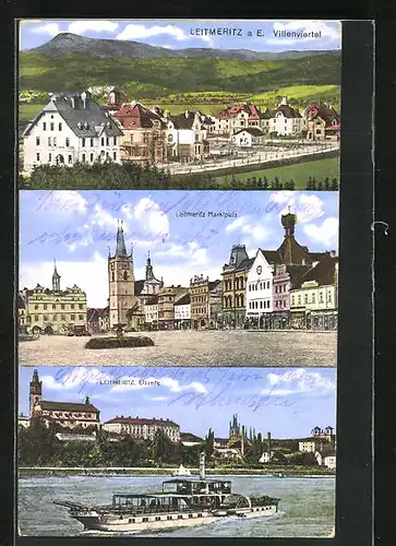 AK Leitmeritz / Litomerice, Villenvirtel, Marktplatz, Dampfer auf der Elbe