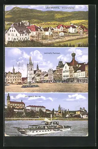 AK Leitmeritz / Litomerice, Villenvirtel, Dampfer auf der Elbe