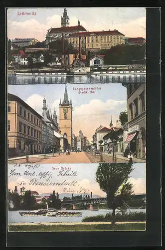 AK Leitmeritz / Litomerice, Strassenpartie mit Stadtkirche, Neue Brücke