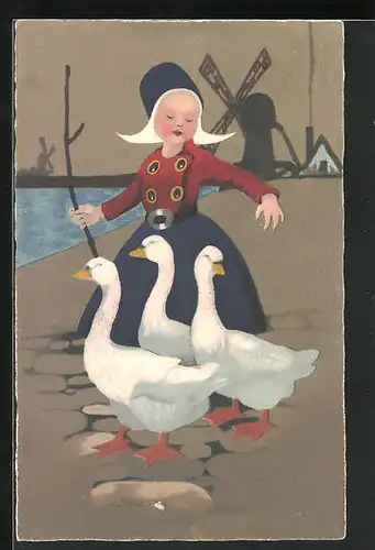 AK Mädchen in niederländischer Tracht hütet Gänse