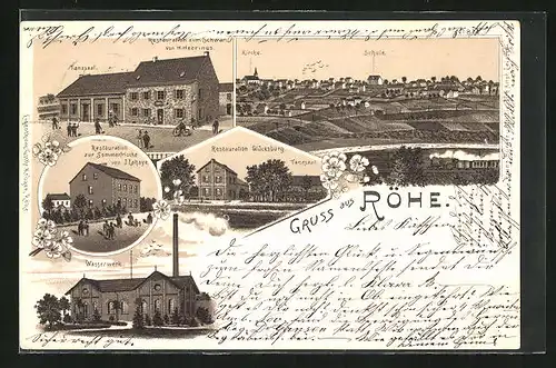 Lithographie Röhe, Restaurant zum Schwan, Gasthaus Glücksburg, Wasserwerk