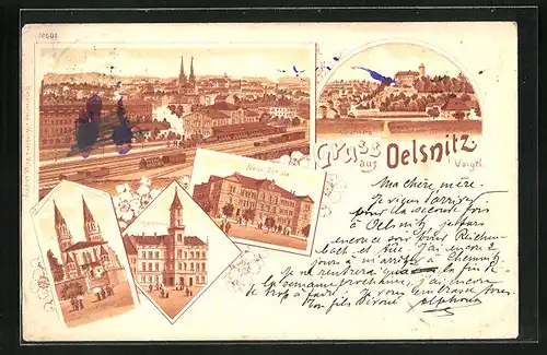 Lithographie Oelsnitz i. Voigtl., Kirche, Rathaus, Neue Schule