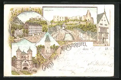 Lithographie Münstereifel, Hotel Hillebrand, Burg-Ruine, Stiftskirche