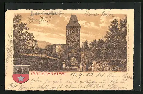 Lithographie Münstereifel, Strasse am Wertherthor, Wappen