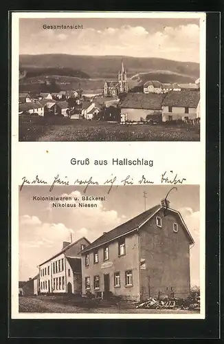 AK Hallschlag, Gesamtansicht, Kolonialwaren und Bäckerei Nikolaus Niesen