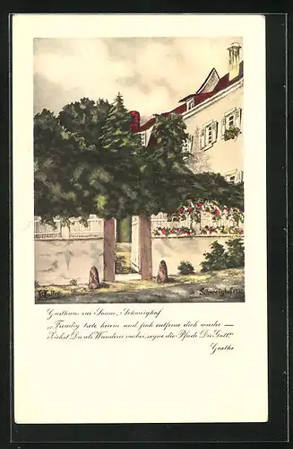 Künstler-AK Schweighof, Gasthaus zur Sonne, Vers von Goethe