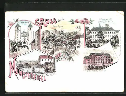 Lithographie Münstereifel, Pfarrkirche, Burg-Ruine, Werkbrücke