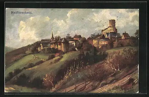 Künstler-AK Reifferscheid, Blick auf Ort mit Burgruine