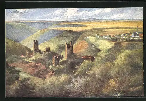 Künstler-AK Manderscheid /Eifel, Burgruine mit Hügellandschaft