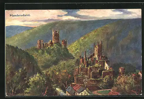 Künstler-AK Manderscheid /Eifel, Blick von der Steinbach-Hütte
