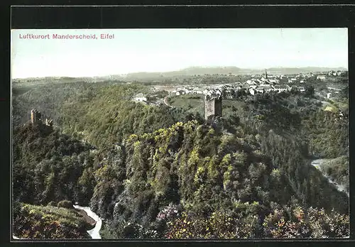 AK Manderscheid /Eifel, Ruine gegen Ortschaft