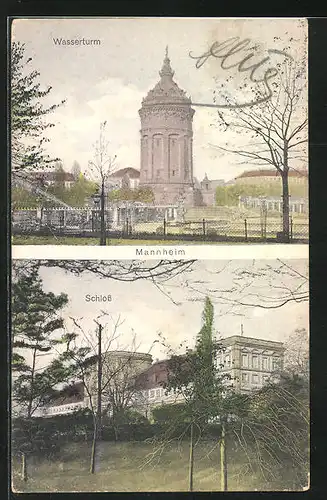 AK Mannheim, Ansicht des Wasserturms und Schloss