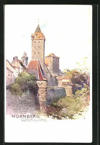 Künstler-AK Nürnberg, Turm Luginsland im Sonnenschein