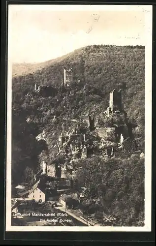 AK Manderscheid, Ober und Niederburg aus der Vogelschau