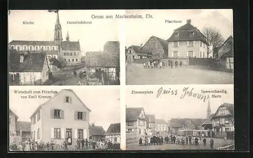 AK Mackenheim, Gasthaus zum Hirschen, Pfarrhaus, Kirche, Zimmerplatz
